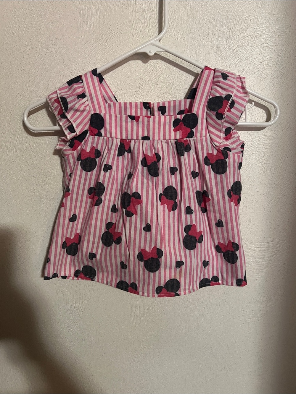 DISNEY Classic Flutter Sleeve Cute Striped Minnie Mouse Shirt Pink White Girl 4
